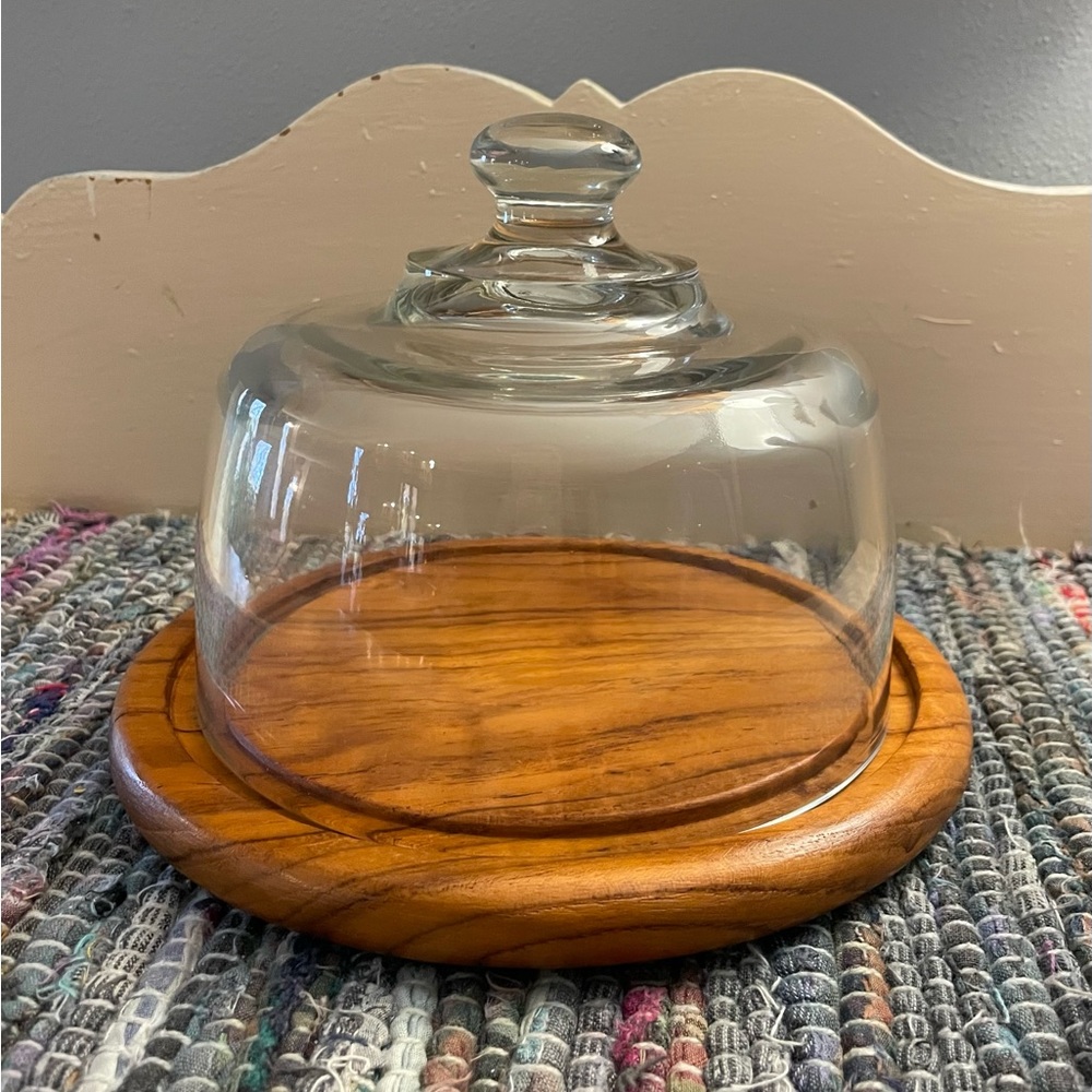 Vintage mid-century modern teak cheese board with glass cloche EUC